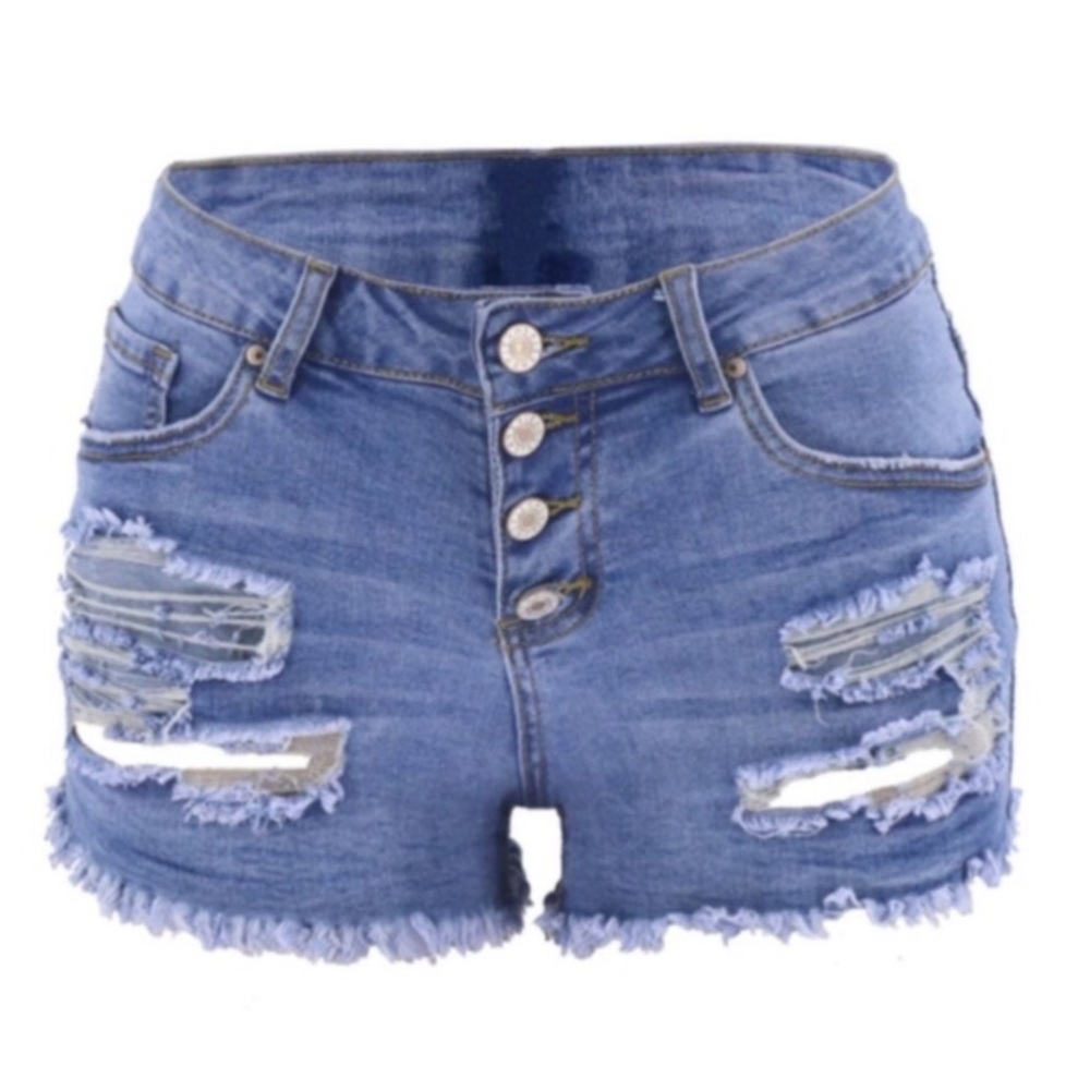 Distressed Jean cut off shorts.